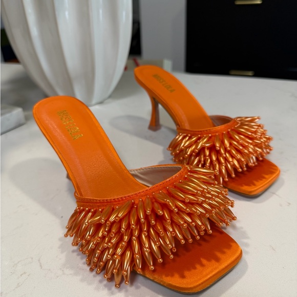 Miss Lola Shoes - Miss Lola Ewan Orange Beaded Fringe Kitten Heel